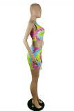 Colour Fashion Sexy Tie Dye Printing O Neck Sleeveless Two Pieces