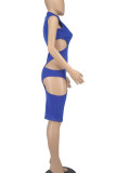 Deep Blue Casual Solid Hollowed Out Patchwork Half A Turtleneck Pencil Skirt Dresses