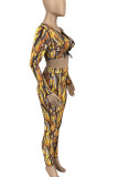 Yellow Sexy Print Hollowed Out Patchwork Frenulum O Neck Long Sleeve Two Pieces