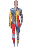 Yellow Fashion Sexy Print Bandage Hollowed Out V Neck Skinny Jumpsuits