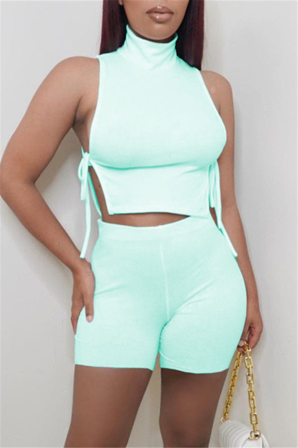 Water Blue Fashion Casual Solid Strap Design Turtleneck Sleeveless Two Pieces