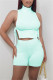 Water Blue Fashion Casual Solid Strap Design Turtleneck Sleeveless Two Pieces