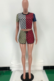 Colour Casual Print Patchwork O Neck Short Sleeve Two Pieces