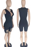 Blue Casual Solid Hollowed Out Patchwork Zipper O Neck Skinny Rompers