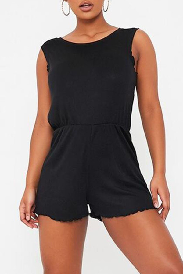 Black Fashion Casual Solid Basic O Neck Regular Romper