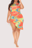 Multicolor Fashion Sexy Print Hollowed Out Frenulum O Neck Irregular Dress