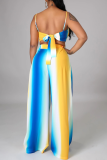 Turquoise Sexy Striped Patchwork Spaghetti Strap Sleeveless Two Pieces