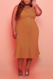 Tangerine Red Casual Solid Split Joint O Neck Trumpet Mermaid Plus Size Dresses