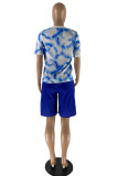 Blue Fashion Casual Print Basic O Neck Short Sleeve Two Pieces