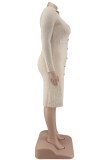Apricot Fashion Casual Solid Buckle Turndown Collar Long Sleeve Dresses