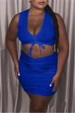 Deep Blue Sexy Casual Solid Bandage V Neck Sleeveless Two Pieces