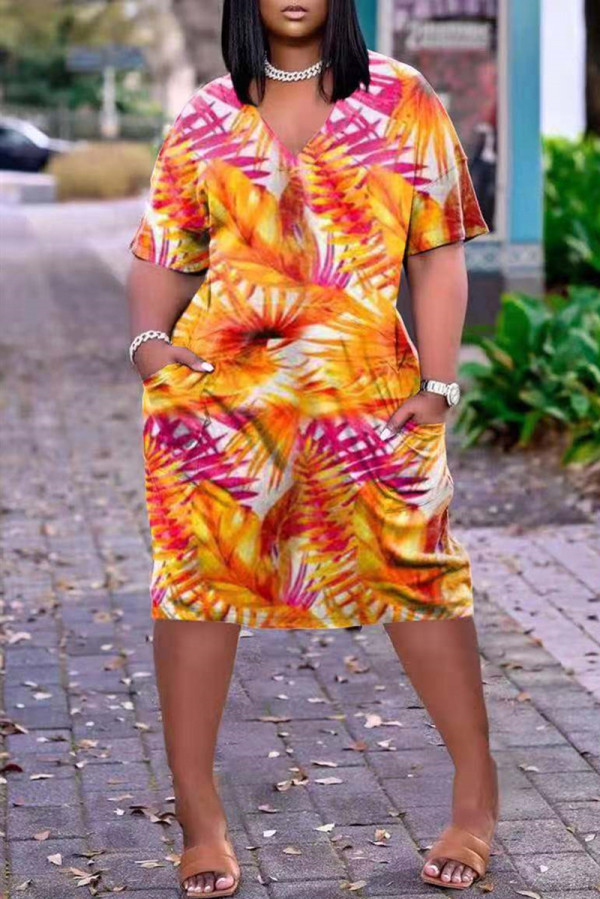 Orange Yellow Fashion Casual Print Basic V Neck Short Sleeve Dress