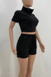 Pink Casual Solid Patchwork Zipper Turndown Collar Short Sleeve Two Pieces