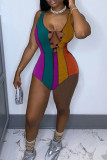 Red Fashion Sexy Patchwork Bandage Hollowed Out U Neck Skinny Bodysuits