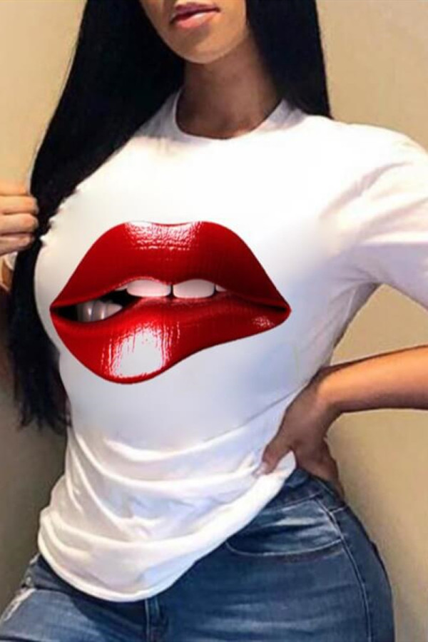 White Fashion Casual Lips Printed Basic O Neck T-Shirts