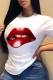 White Fashion Casual Lips Printed Basic O Neck T-Shirts