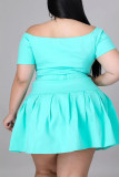 Cyan Casual Solid Split Joint Off the Shoulder A Line Plus Size Two Pieces