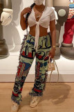 Light Green Fashion Casual Print Tassel Regular High Waist Trousers