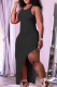 Black Sexy Solid Patchwork Backless Asymmetrical O Neck Vest Dress Dresses