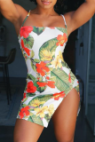 Colour Sexy Print High Opening Slit Spaghetti Strap Pencil Skirt Dresses