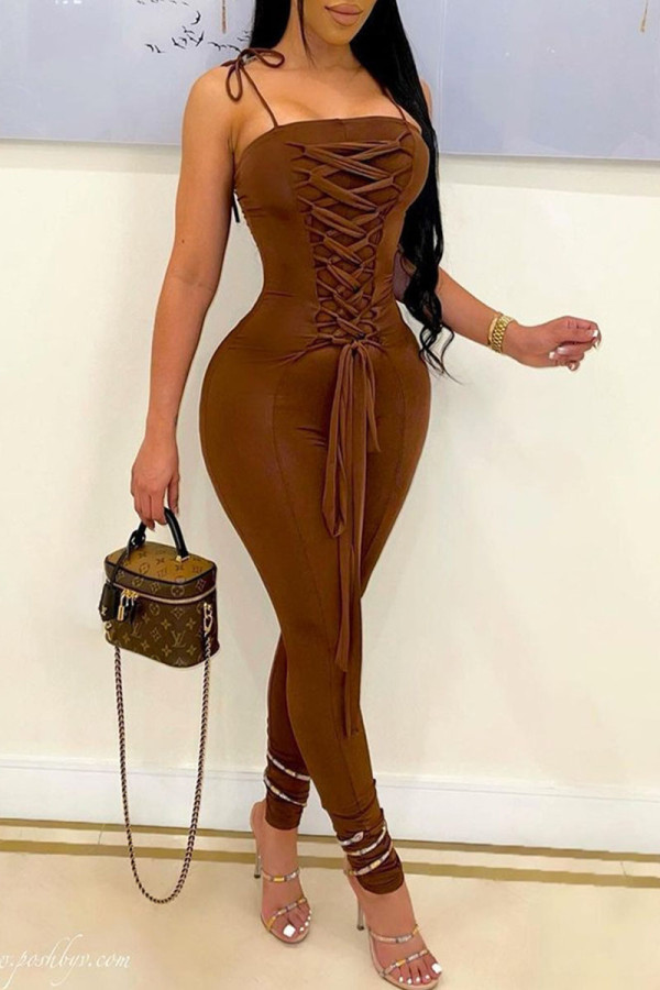 Brown Casual Solid Bandage Patchwork Spaghetti Strap Skinny Jumpsuits