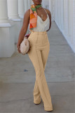 Khaki Fashion Casual Solid Basic Regular High Waist Trousers