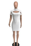 White Fashion Sexy Letter Embroidery Hollowed Out Turtleneck Short Sleeve Dress