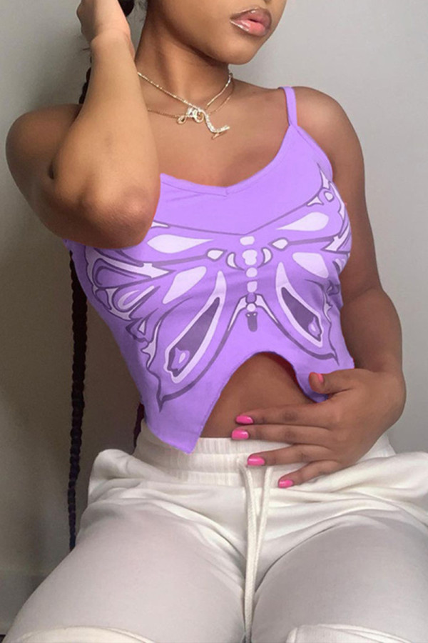Light Purple Fashion Sexy Print Backless Asymmetrical Spaghetti Strap Tops