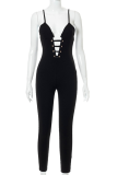 Black Sexy Solid Hollowed Out V Neck Skinny Jumpsuits