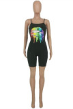 Black Sexy Casual Lips Printed Backless Spaghetti Strap Skinny Romper