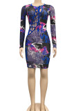 Brown Sexy Print Bandage Hollowed Out Patchwork O Neck Pencil Skirt Dresses