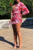 Red Fashion Sexy Print Bandage V Neck Short Sleeve Dress