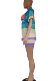 Pink Casual Letter Striped Print Patchwork O Neck Short Sleeve Two Pieces