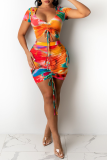Purple Sexy Print Patchwork V Neck Short Sleeve Two Pieces