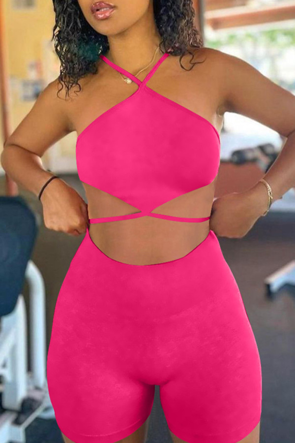 Rose Red Fashion Sexy Solid Hollowed Out Backless Halter Sleeveless Two Pieces