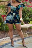 Blue Sexy Print Patchwork V Neck Skinny Rompers