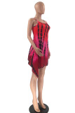 Rose Red Sexy Casual Print Tie Dye Backless Spaghetti Strap Irregular Dress
