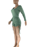 Pink Casual Solid Patchwork Draw String Fold U Neck Skinny Rompers
