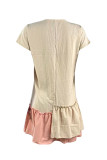 Apricot Fashion Casual Patchwork Buckle V Neck Short Sleeve Dress