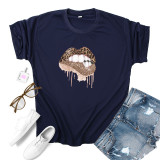 Green Fashion Casual Lips Printed Basic O Neck Tops