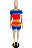 Rainbow Color Casual Striped Patchwork O Neck Short Sleeve Two Pieces