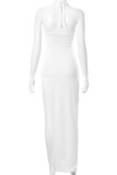 White Sexy Solid Hollowed Out Patchwork High Opening Halter Straight Dresses