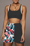 Black Sexy Print Split Joint Square Collar Sleeveless Two Pieces