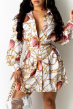 Multicolor Fashion Casual Print Without Waist Chain Turndown Collar Shirt Dress
