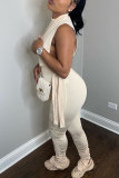 Cream White Fashion Casual Solid Bandage Fold Half A Turtleneck Sleeveless Two Pieces