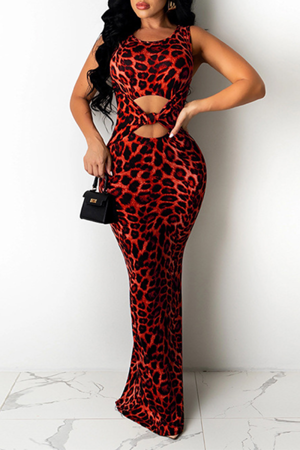 Rose Red Sexy Print Hollowed Out O Neck Pencil Skirt Dresses