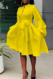 Yellow Fashion Casual Solid Bandage O Neck Long Sleeve Dresses