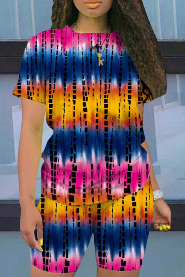 Rose Red Casual Print Patchwork O Neck Short Sleeve Two Pieces