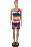 Rose Red Sexy Casual Print Backless One Shoulder Sleeveless Two Pieces