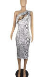 Leopard Print Sexy Print Bandage Hollowed Out Patchwork Oblique Collar Pencil Skirt Dresses